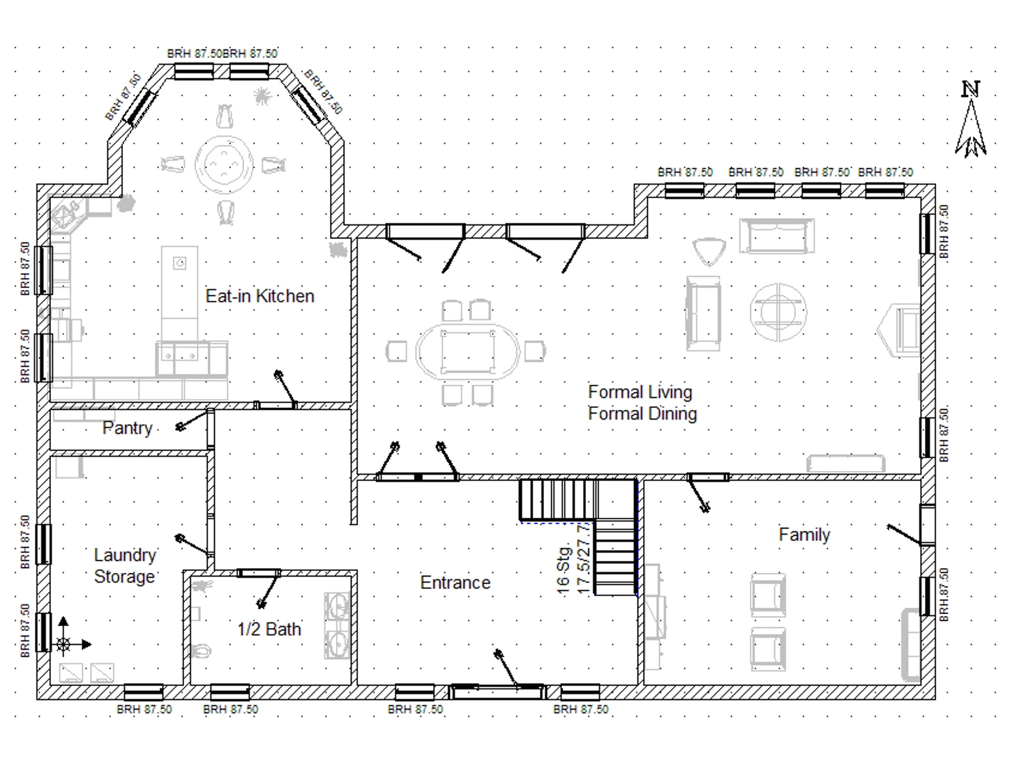 A scanned architect’s CAD floor plan of a family house redrawn in colour
