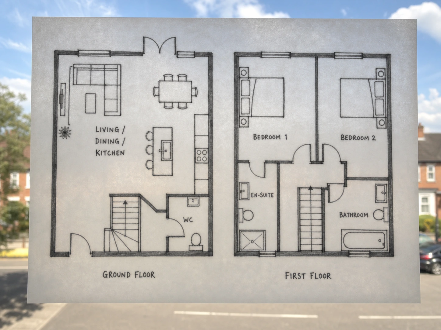 A marker sketch of a two-storey duplex redrawn as a clean two-floor plan