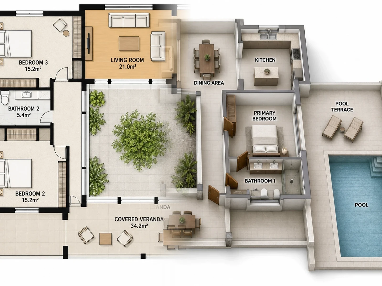 A 2D courtyard villa floor plan dissolving into its 3D isometric cutaway
