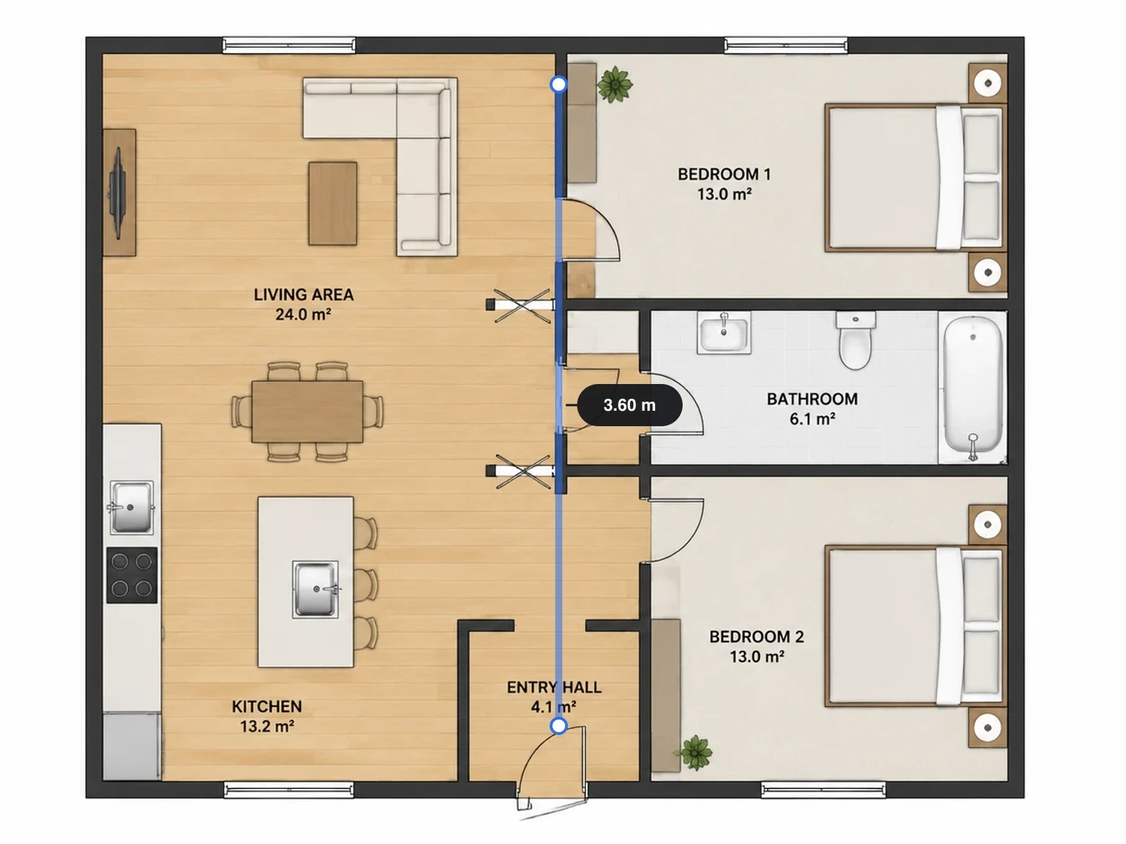 A generated floor plan open in the FloorAI editor with a wall selected and its length shown