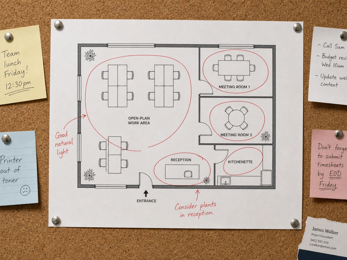 A marked-up office plan printout redrawn with the change applied