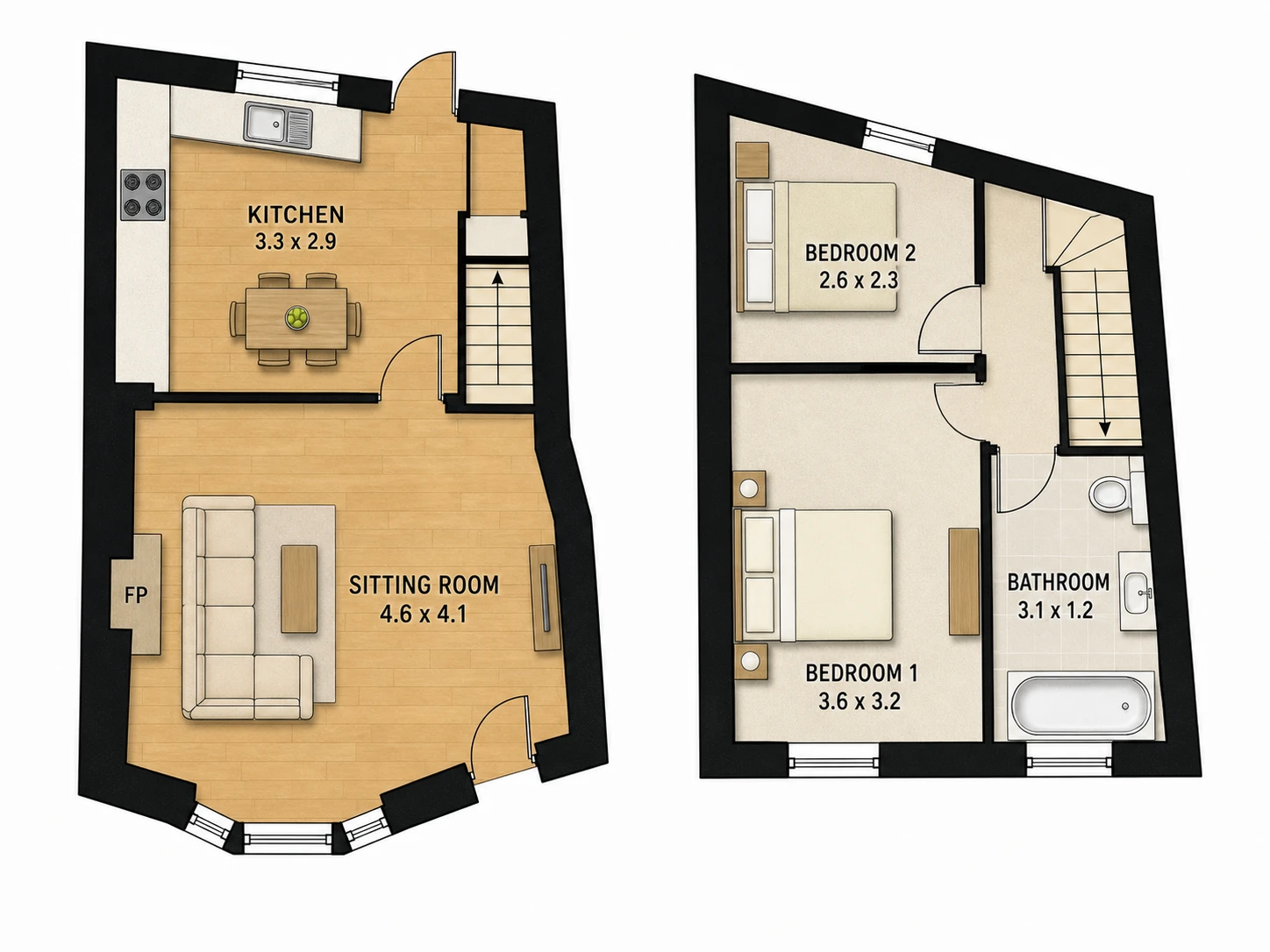 A faded hand-drawn survey drawing of a cottage redrawn as a clean colour floor plan