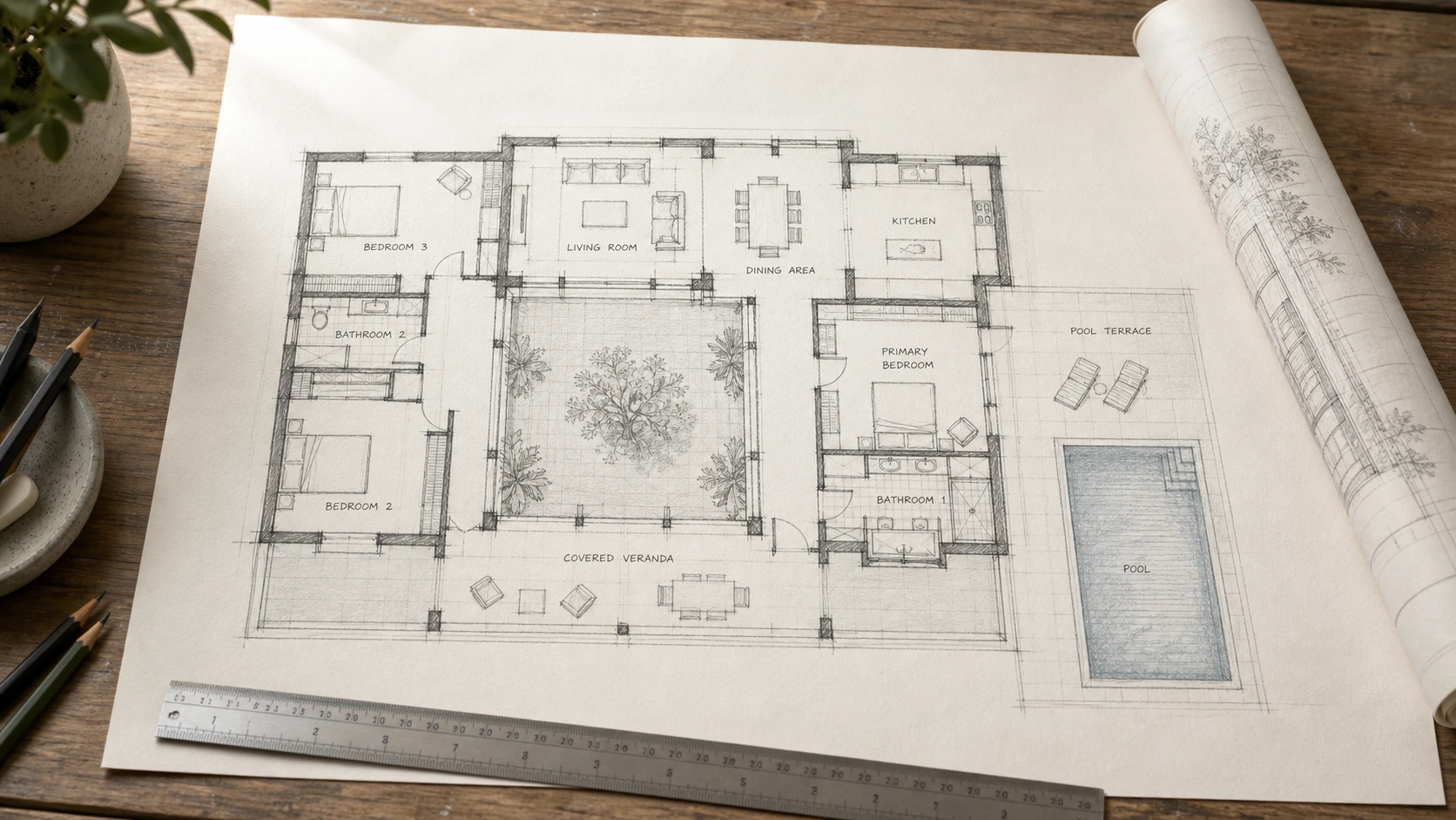A loose pencil sketch of a courtyard villa redrawn as a colour floor plan