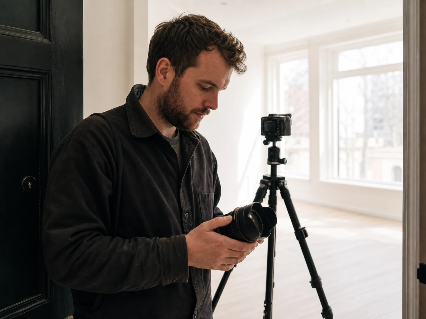 A property photographer packing up after a shoot in an empty flat